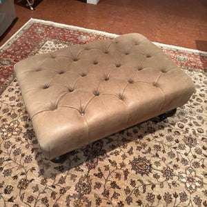 Tufted Beige Leather Ottoman with Wooden Legs - M334