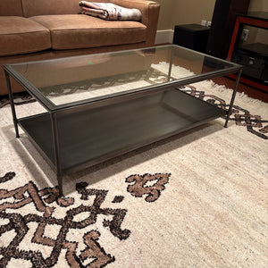Contemporary Coffee Table with Matte Black Wrought Iron Frame and Glass Top - M342