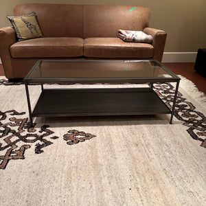 Contemporary Coffee Table with Matte Black Wrought Iron Frame and Glass Top - M342