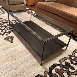 Contemporary Coffee Table with Matte Black Wrought Iron Frame and Glass Top - M342
