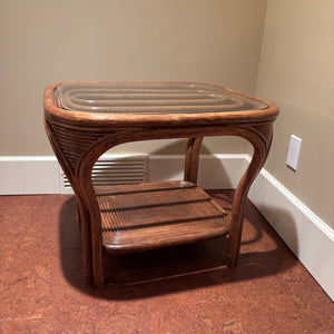 Vintage Table with Glass Top and Wood/Rattan Frame - M350