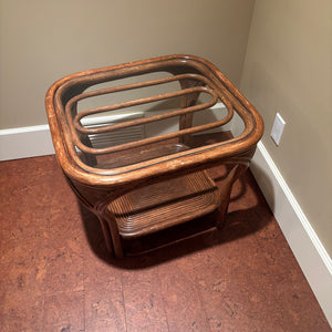 Vintage Table with Glass Top and Wood/Rattan Frame - M350