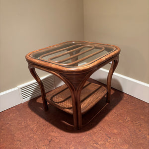 Vintage Table with Glass Top and Wood/Rattan Frame - M350