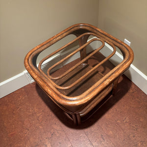 Vintage Table with Glass Top and Wood/Rattan Frame - M350