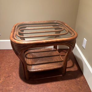 Vintage Table with Glass Top and Wood/Rattan Frame - M350