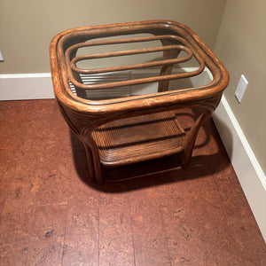 Vintage Table with Glass Top and Wood/Rattan Frame - M350