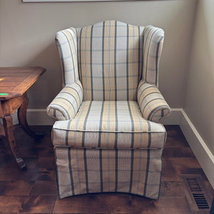White, Grey and Creamy Yellow Check Wingback Chair - M361