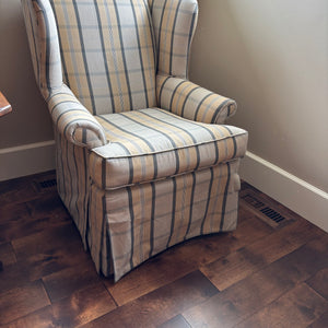 White, Grey and Creamy Yellow Check Wingback Chair - M361