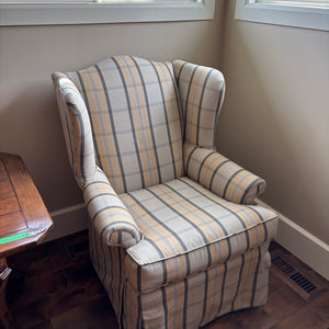 White, Grey and Creamy Yellow Check Wingback Chair - M361