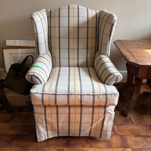 White, Grey and Creamy Yellow Check Wingback Chair - M362