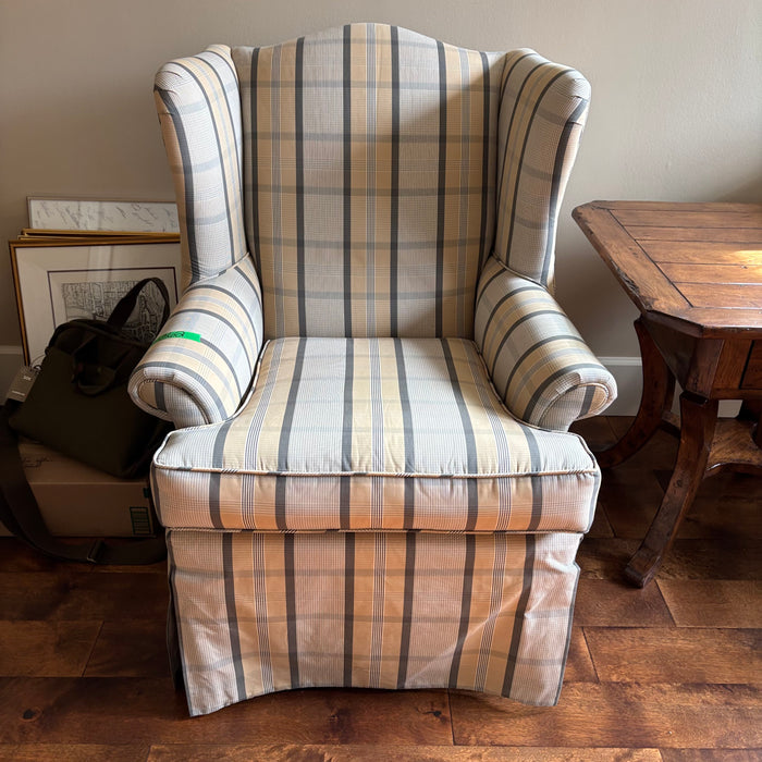 White, Grey and Creamy Yellow Check Wingback Chair - M362