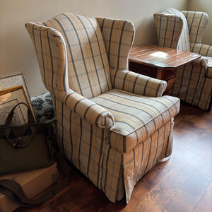 White, Grey and Creamy Yellow Check Wingback Chair - M362