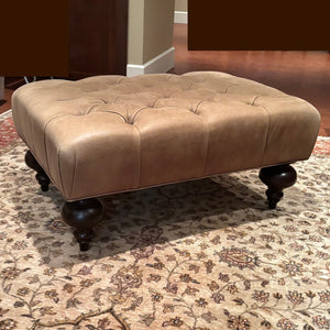 Tufted Beige Leather Ottoman with Wooden Legs - M334