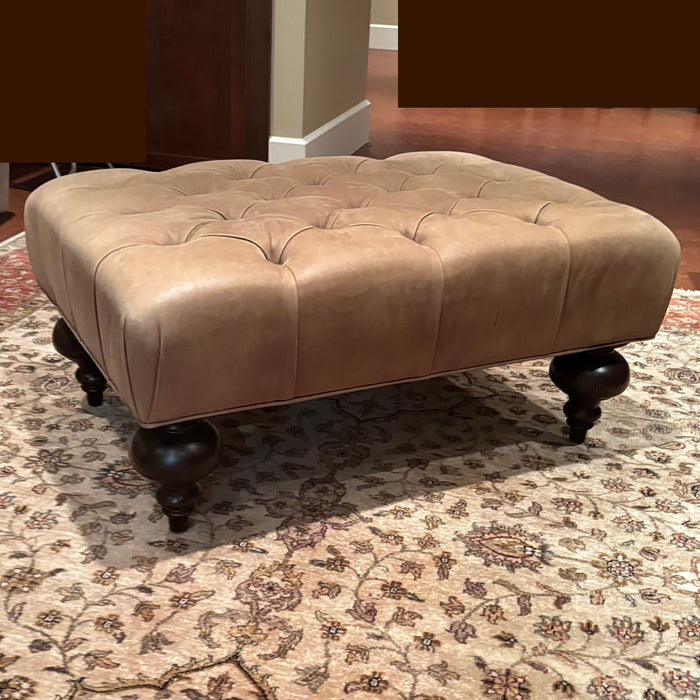 Tufted Beige Leather Ottoman with Wooden Legs - M334