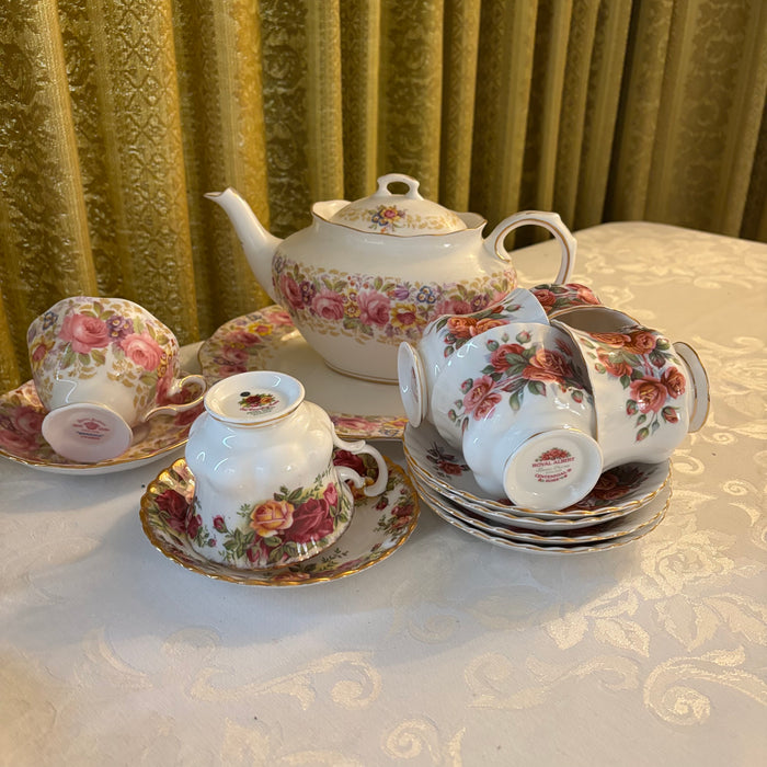 15 Piece Mixed Royal Albert Teapot, Serving Plate, Teacups and Saucers  - R523