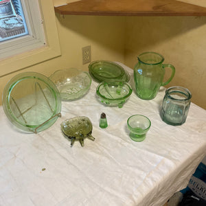 Vintage Green Glass Grouping (Small chip on display plate) - R537