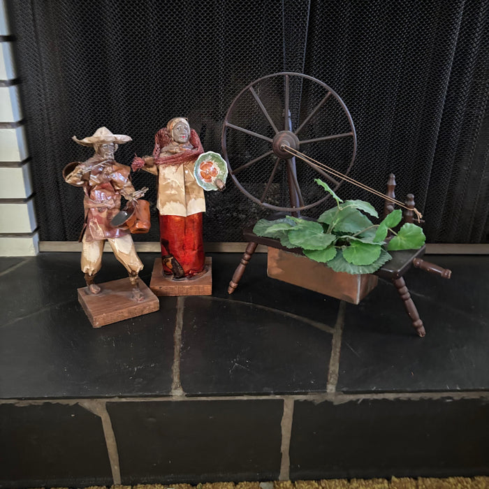 12" Tall Figurines and Wooden Spinning Wheel Plant Holder - R563