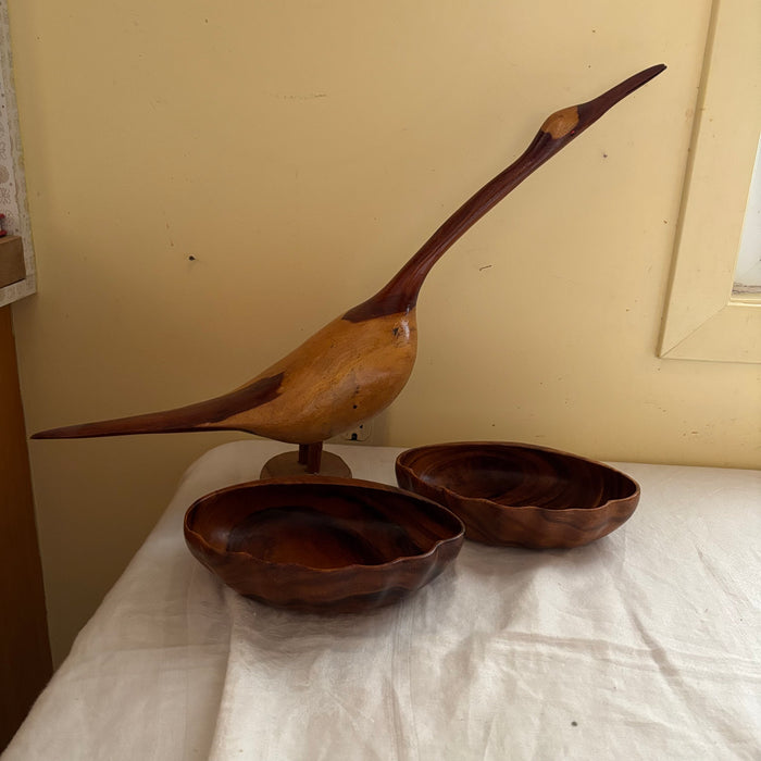 23" Long Vintage Solid Wood Goose with 2 Shell Bowls - R575