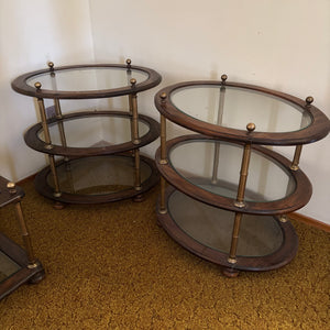 Set of 2 Oval Vintage End Tables with Solid Wood and Brass Frames - R573A