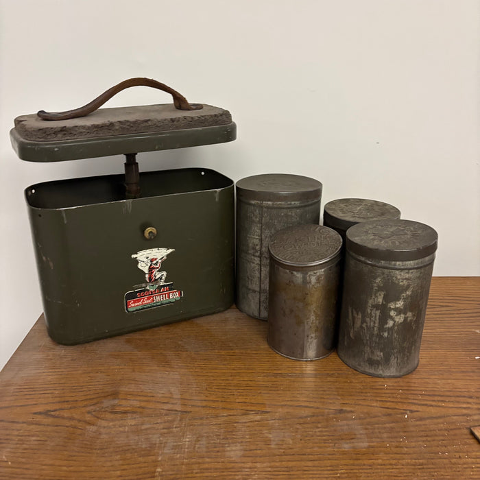 Vintage Scotsman Swivel Seat Shell Box and Antique Tins - S532