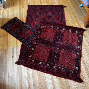 3 Dark Red with Blue Vintage Wool Throw Rugs - L189
