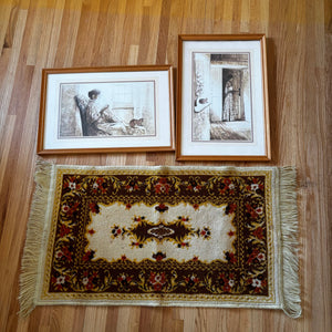 2 Piece Framed Artwork and Vintage Throw Rug - L300
