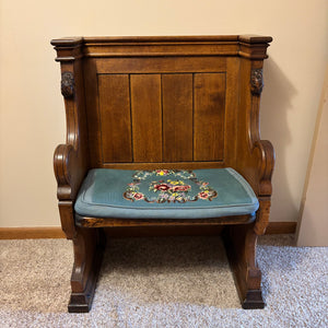 Antique solid wood church seat with blue petite point cushion - M674