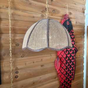 Vintage swag style lamp with rattan shade (a little misshapen) - O495
