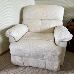 White fabric reclining armchair (some discolouration) - O503