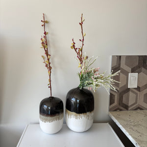 Set of 2 two tone pottery vases with artificial greenery - R521