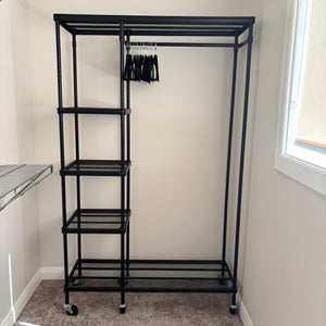 Freestanding black metal wardrobe with hangers - R522