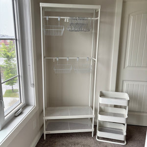 IKEA Mackapar white metal coat rack with raskog utility stand - R544
