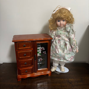 Vintage wooden jewelry box and porcelain doll - R556