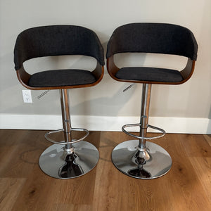 Set of 2 contemporary grey with wood seats and chrome base adjustable barstools - J407A