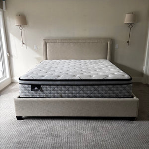 King Size Bed with Off White Linen Fabric Frame - J424 ***see full description