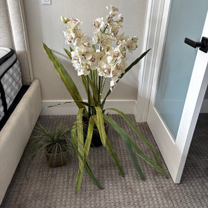 Artificial white cymbidium orchid arrangement and small faux plant - J425
