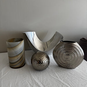 Home Decor Grouping (chrome centre bowl, glass marble look vase and more) - J434