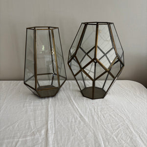 Set of 2 brass and glass candle holders -J449
