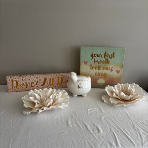 Pink home decor grouping (piggy bank and more)-J460