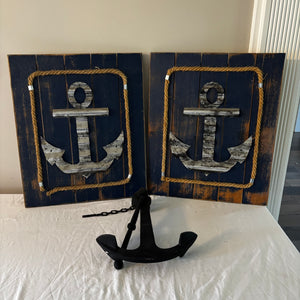 Nautical decor grouping (wooden anchor artwork and more) - J473