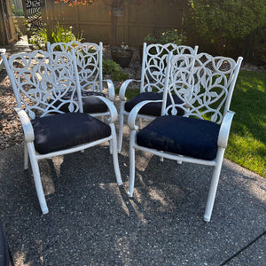 Set of 4 white wrought iron chairs with cushions - J491 ***some rust spots
