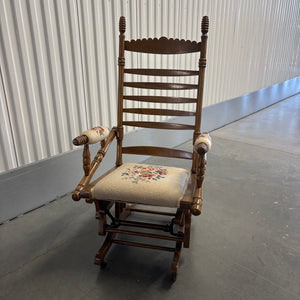 Vintage wooden ladderback rocking chair with needlepoint upholstery - U603