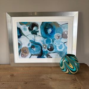 Blue toned decor grouping (metal framed abstract print and murano style art glass)-S611