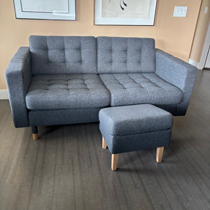 Grey tufted fabric Ikea Morabo loveseat with foot stool - S625