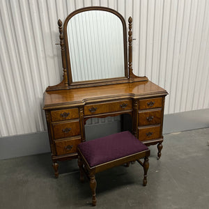 Antique walnut and claro walnut fronts vanity with stool - U837