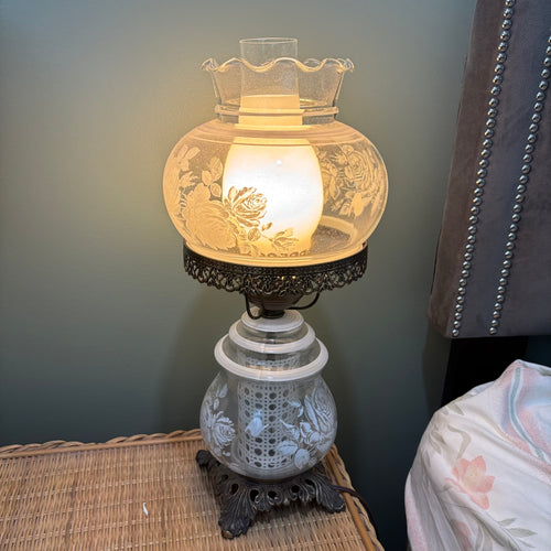 W502 Pair of Vintage Etched glass table lamps