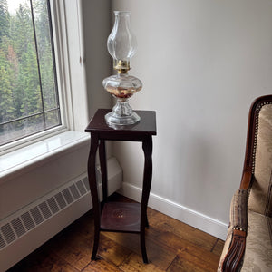 C744 Vintage Home Decor (vintage glass oil lamp and vintage wooden plant stand)