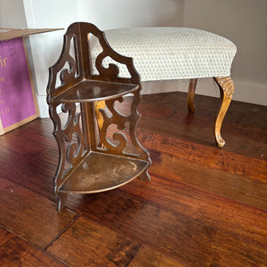 C773 Home Decor Grouping (Victorian style corner shelf and upholstered footstool) ***shelf has some damage