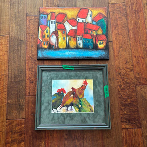C790 Artwork Grouping(canvas print and rooster print "Threes A Crowd",16"x 19")