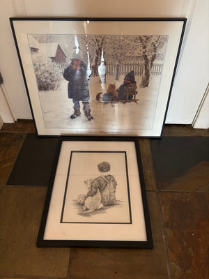 C813 Art Grouping (“Winter's Blanket" print by Robert Duncan(20" x 24") and framed boy and his dog print (15" x 19")